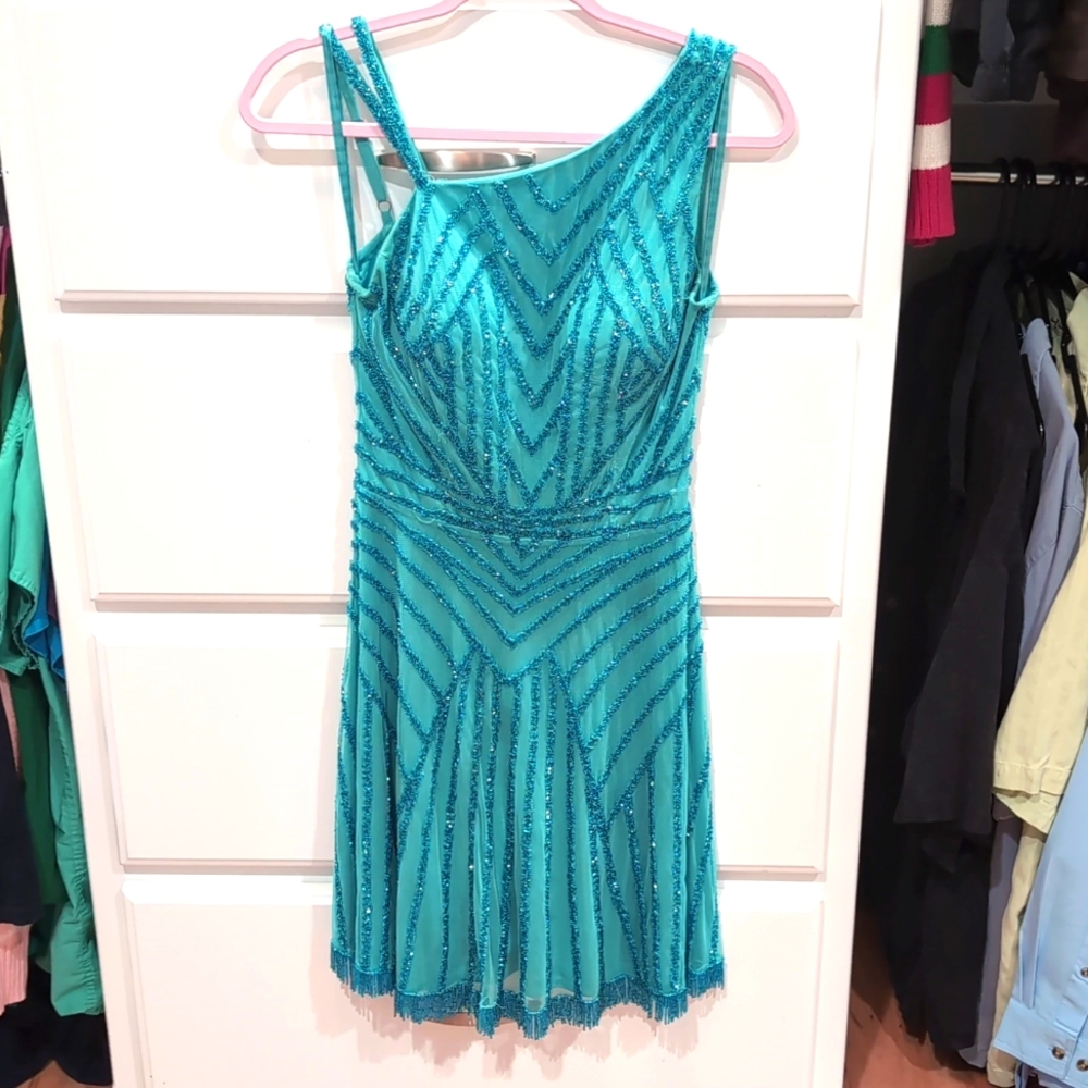 ASHLEYlauren women's size 4 blue turquoise beaded fringe pageant formal dress